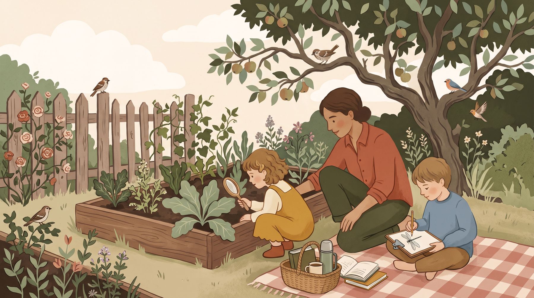 A parent and two children doing a nature study in a backyard garden