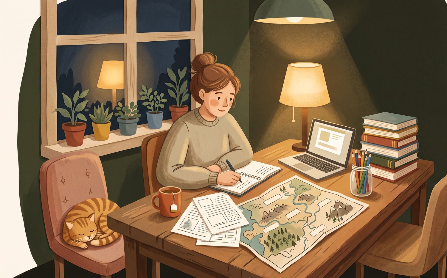 A parent planning a unit study at the kitchen table in the evening